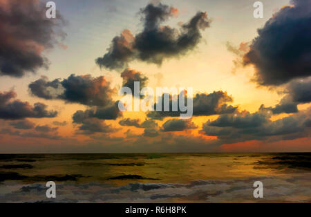 Sun rise dal Golfo di Thailandia durante la stagione delle piogge nel sud della Thailandia Foto Stock