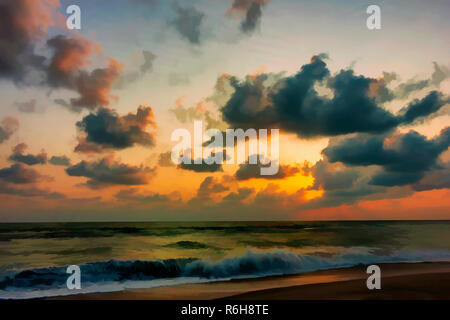 Sun rise dal Golfo di Thailandia durante la stagione delle piogge nel sud della Thailandia Foto Stock