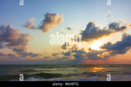 Sun rise dal Golfo di Thailandia durante la stagione delle piogge nel sud della Thailandia Foto Stock