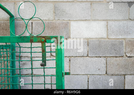 Aprire il cancello verde e rete saldata recinto contro un muro di calcestruzzo di recupero Foto Stock