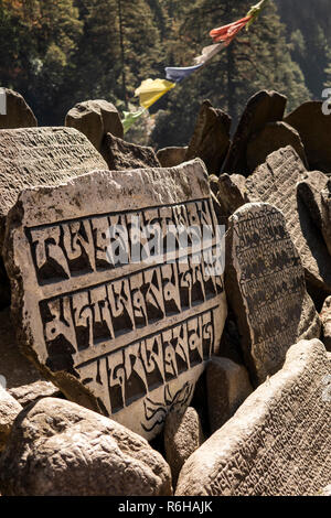 Il Nepal, Jorsale (Thumbug), intagliato e dipinto buddista pietre di mani e bandiere di preghiera Foto Stock