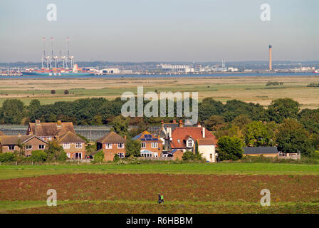 Il villaggio di raffreddamento sulla isola di granella con l'estuario del Tamigi e il London Gateway deep-sea terminal per container in background. Foto Stock