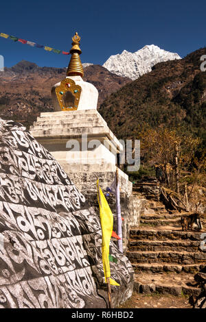 Np805 Nepal, Benkar, grande buddista intagliato mani di pietra bianca e chorten sotto il monte Kusum Kangkaru Foto Stock