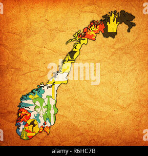 Regioni sulla mappa di amministrazione della Norvegia Foto Stock