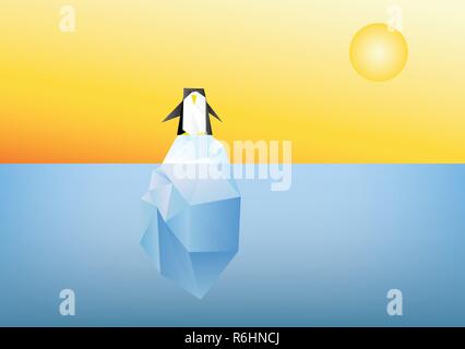 Il pinguino su glaçon isola illustrazione - Riscaldamento globale concetto grafico vettoriale Foto Stock