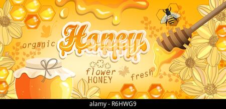 Naturale miele floreale banner con favi, fiori, erica, bee e pieno il vasetto di vetro. Il miele che scorre su sfondo colorato. Modello di marchio, logo, pubblicizzare, etichetta, confezione. Illustrazione Vettoriale. Illustrazione Vettoriale