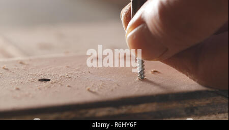 Artigiano aziona la vite nella tavola di legno Foto Stock