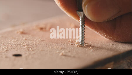 Artigiano aziona la vite nella tavola di legno Foto Stock