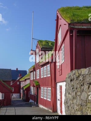 Tetto di erba Case in Torshavn Isole Faerøer Foto Stock