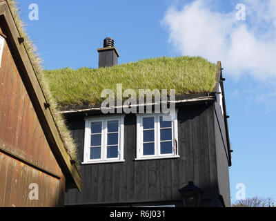 Tipico tetto di erba Case in Torhavn Isole Faerøer Foto Stock