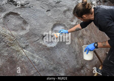 (181206) -- PECHINO, 6 dicembre 2018 (Xinhua) -- un esperto greco opere nel corso del comune lavoro di conservazione sui fossili di dinosauro tra la Cina e la Grecia a un parco geologico in Yanqing di Pechino, capitale della Cina, 24 maggio 2018. La Grecia del Museo Nazionale di Arte Contemporanea (EMST) di Atene è stata costruire nuovi ponti di dialogo interculturale con la Cina come parte di un più ampio sforzo Sino-Greek per portare i due paesi e popoli più vicino, EMST del regista Katerina Koskina Xinhua ha detto in una recente intervista. "La Cina e la Grecia sono entrambi paesi antichi, hanno grande civiltà dietro di loro, Foto Stock