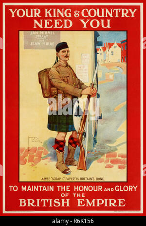 Vintage WW1 British assunzione poster di propaganda "vostro re & Country bisogno di voi' per mantenere l'onore e la gloria dell'impero britannico. Illustrante una guardia scozzese in kilt in piedi a proprio agio su una strada francese 1914 Guerra Mondiale uno/ Prima Guerra Mondiale/ GUERRA MONDIALE 1 Foto Stock