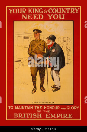 Vintage WW1 britannico poster di reclutamento "vostro re & Country bisogno di voi"....."per mantenere l'onore e la gloria della British Empire " Poster raffigurante un vecchio veterano, indossando le sue decorazioni, agitando le mani con un giovane soldato 1914 Guerra Mondiale 1 UK Foto Stock