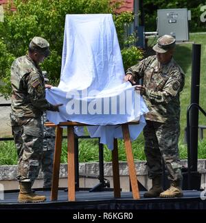 La 88th regionale comando supporto svela una lapide a Camp Dodge, Iowa il 25 maggio in onore del 88th Divisione di Fanteria di inizio là in 1917. Il Mag. Gen. Patrick Reinert, 88th RSC comandante generale (sinistra), ha frequentato la Iowa Guardia Nazionale ritiro comando ospitato da Il Mag. Gen. Timothy Orr, Aiutante Generale dell'Iowa Guardia Nazionale (a destra), e dedicato la lapide in onore del Blue Devil's 100 anni di servire la nostra nazione. Foto Stock