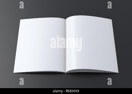 Aprire il libretto in bianco su sfondo nero con percorso di clipping intorno opuscolo. 3d illustrazione Foto Stock