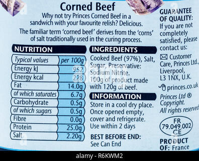 Princes " corned beef " etichetta nutrizionale sul metallo può. Foto Stock
