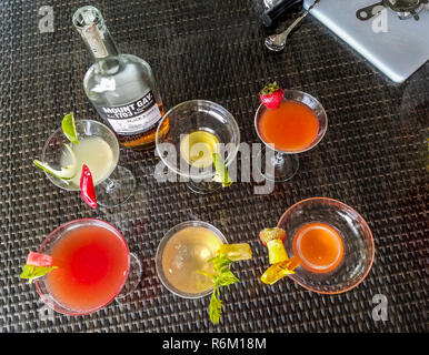 Un assortimento di cocktail finito durante 'Crea un Cocktail' concorrenza a Mount Gay distillery a Bridgetown, Barbados Foto Stock