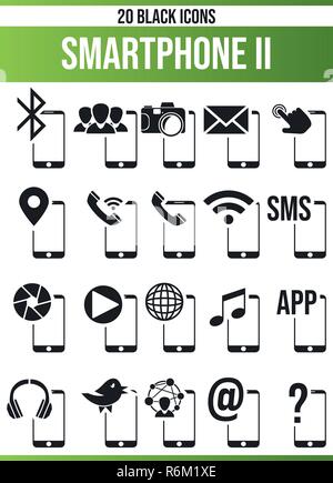 Pittogrammi neri / icone sullo smartphone. Questa icona set è perfetto per persone creative e progettisti che hanno bisogno del rilascio di app nei loro disegni grafici Illustrazione Vettoriale