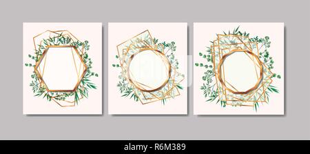 Set di cornici dorate e foglie corona Illustrazione Vettoriale