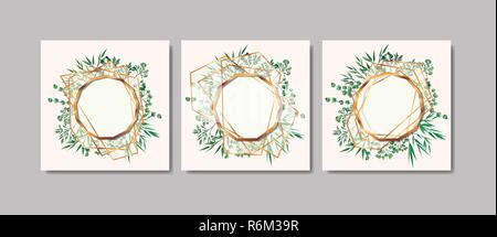 Set di cornici dorate e foglie corona Illustrazione Vettoriale