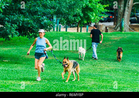 Proprietari di animali da compagnia a piedi i loro cani a Candler Park, Giugno 4, 2014, ad Atlanta, Georgia. Foto Stock