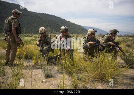 Azione diretta Group Lead Instructor Max Joseph, sinistra, valuta i marinai che svolgono una pattuglia durante il combattimento della flotta del Pacifico della fotocamera (FCCP) Esercizio Estate rapido colpo 2017 in Azusa, California, 21 maggio 2017. Scatto rapido è un biennale FCCP esercizio che fornisce live-fuoco e le informazioni visive di formazione comune per lottare contro i beni della fotocamera. Foto Stock