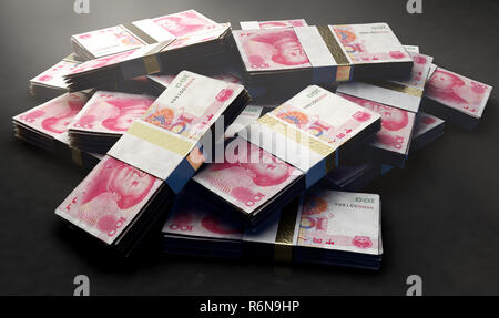 Un mucchio di casualmente disperse fasci di yuan cinese banconote isolato su un background - 3D render Foto Stock