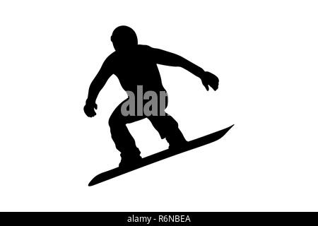 Snowboarder maschio saltando su snowboard silhouette nera Foto Stock