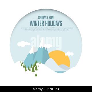 Vacanze invernali card - Semplice design piatto inverno paesaggio innevato con le montagne e gli alberi Illustrazione Vettoriale