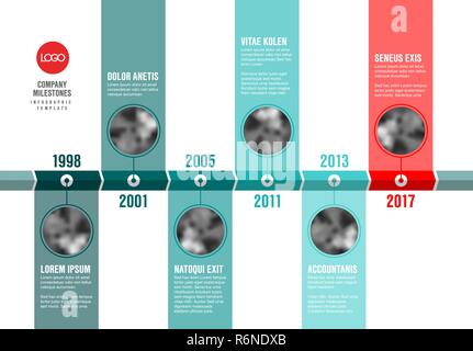 Vector teal e infografico rosso AZIENDA Pietre miliari Timeline modello con foto circle segnaposto Illustrazione Vettoriale