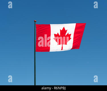 Bandiera del Canada sventolare nel vento, cielo blu sullo sfondo Foto Stock