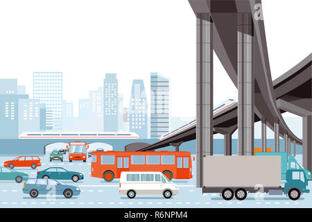 Il traffico su strada in città con treno di elevata, illustrazione Foto Stock