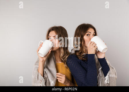 Immagine di due giovani donne coperte con coperta di bere il tè caldo da tazze isolate su uno sfondo grigio Foto Stock