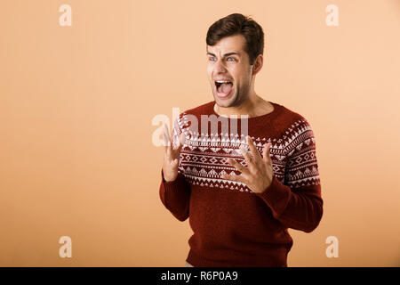 Immagine dell uomo caucasico 20s con la stoppia indossare pullover a maglia urlando e di esprimere il proprio sdegno isolate su sfondo beige Foto Stock