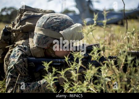 Lancia Cpl. Aaron D. verde, un mortorman assegnati a scopo speciale Air-Ground Marine Task Force-Crisis Response-Africa, stabilisce nel soggetto durante un assalto aereo esercizio nei pressi di Morón Air Base, Spagna, 29 maggio 2017. SPMAGTF-CR-AF dispiegato per condurre una limitata risposta in caso di crisi e il teatro delle operazioni di sicurezza in Europa e in Nord Africa. Foto Stock