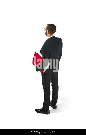 Corpo pieno ritratto dell uomo d affari con cartella su bianco Foto Stock