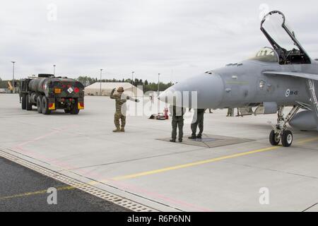 Un soldato da e società, 3-10 Supporto generale del battaglione di aviazione, decimo combattere la Brigata Aerea, Massa guida un camion di carburante verso un finlandese Air Force F-18/A Hornet jet a Lielvarde Air Base, Lettonia, il 18 maggio. Il getto e la troupe ha completato con successo un programma di test della base della striscia di atterraggio e funzioni di frenatura, la certificazione per l'utilizzo da parte di altre forze della NATO, getti in futuro. Foto Stock