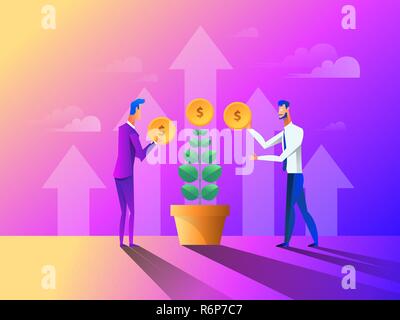 Il concetto di business in design piatto. Persone raccolta, semina e cura i soldi per il vostro money tree. Illustrazione Vettoriale Illustrazione Vettoriale