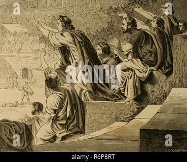 Impero Romano. Gli spettatori durante un gladiatore lotta. Incisione. La Civilizacion (la civiltà), volume II, 1881. Foto Stock
