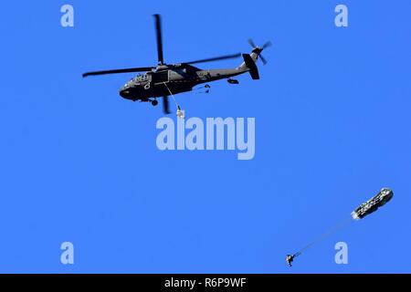 Paracadutisti da U.S. Esercito dell Alaska quarta brigata di fanteria combattere Team (airborne), venticinquesimo fanteria Divsion saltare da un UH-60 Black Hawk elicottero sul Malemute zona di caduta sulla giunzione base Elmendorf-Richardson, Alaska, il 16 maggio 2017. Foto Stock