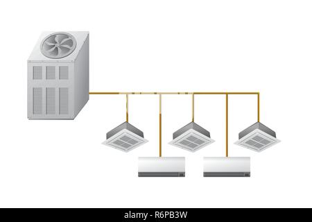 Chiller con cassetta a soffitto e parete unità interne. Raffreddamento ad aria in casa e in ufficio. Illustrazione Vettoriale. Illustrazione Vettoriale