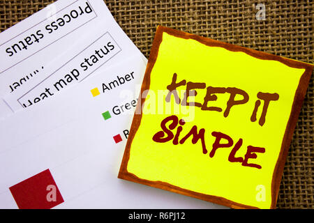 Il testo scritto a mano segno indicante Keep It Simple. Il concetto di business per semplicità di facile approccio strategico principio scritto su una nota adesiva Carta con calore sulla mappa di sfondo testurizzata Foto Stock