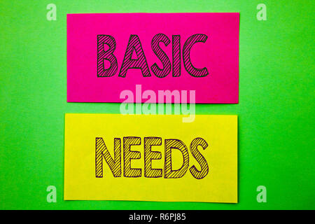 Annuncio della scrittura testo che mostra le esigenze di base. Foto concettuale la sanità nei paesi in via di sviluppo alimento essenziale mancanza scritto su una nota adesiva carta su sfondo verde. Foto Stock