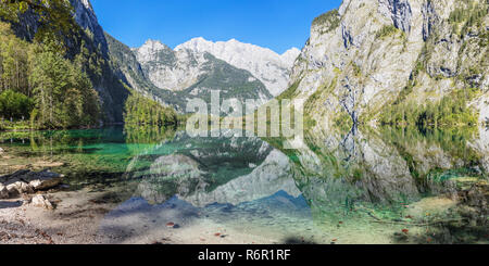 Il Watzmann spiegelt sich im, Obersee Salet am Königssee, Berchtesgadener Land, Nationalpark Berchtesgaden, Oberbayern, Bayern, Deutschland Foto Stock