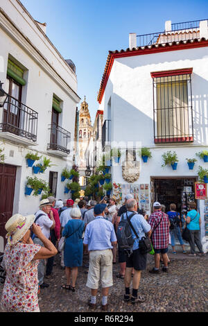 Cordoba, Spagna. Settembre 2016: Gruppo di alti turistico in Calleja de las Flores di Cordoba. Foto Stock