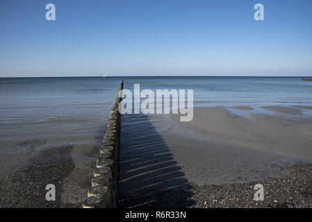 Ci viene naturale della spiaggia di sabbia che si affaccia sul Mar Baltico sulla costa occidentale dell isola di Hiddensee con strutture idrauliche per rallentare il movimento della sabbia. Foto Stock