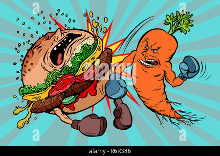 Carote batte un Burger, vegetarianismo vs fast food Foto Stock