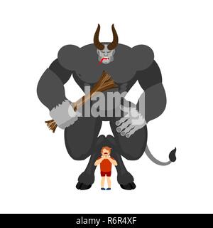 Krampus e ragazzo. Anti Babbo Natale per i cattivi ragazzi. Scary monster cornuta. Buon Natale illustrazione vettore Illustrazione Vettoriale