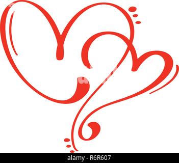 Paio di vettore di rosso il giorno di San Valentino disegnati a mano calligrafica due cuori. Vacanze elemento di Design di San Valentino. Icona decor amore per il web, le nozze e la stampa. Isolato Calligraphy lettering illustrazione Illustrazione Vettoriale