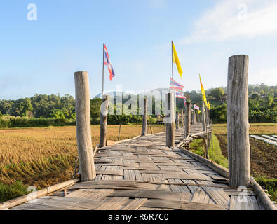 Il vecchio ponte di bambù pass campo di riso al tempio Foto Stock